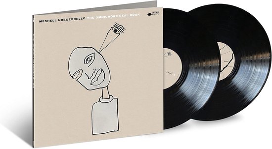 Albumhoes met lijntekening van een gezicht met een oog bovenop. Twee zwarte vinylplaten ernaast. Tekst: MESHELL NDEGEOCELLO THE OMNICHORD REAL BOOK.