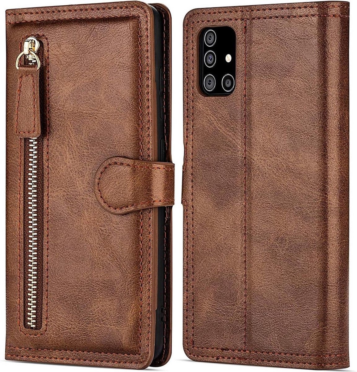 Hoesje geschikt voor Samsung Galaxy A32 5G Book case met ritssluiting van LuxeBass - Flipcover - Magnetisch - 5 kaarten houder - Donkerbruin gsm hoesje - telefoonhoes - telefoonhoesjes