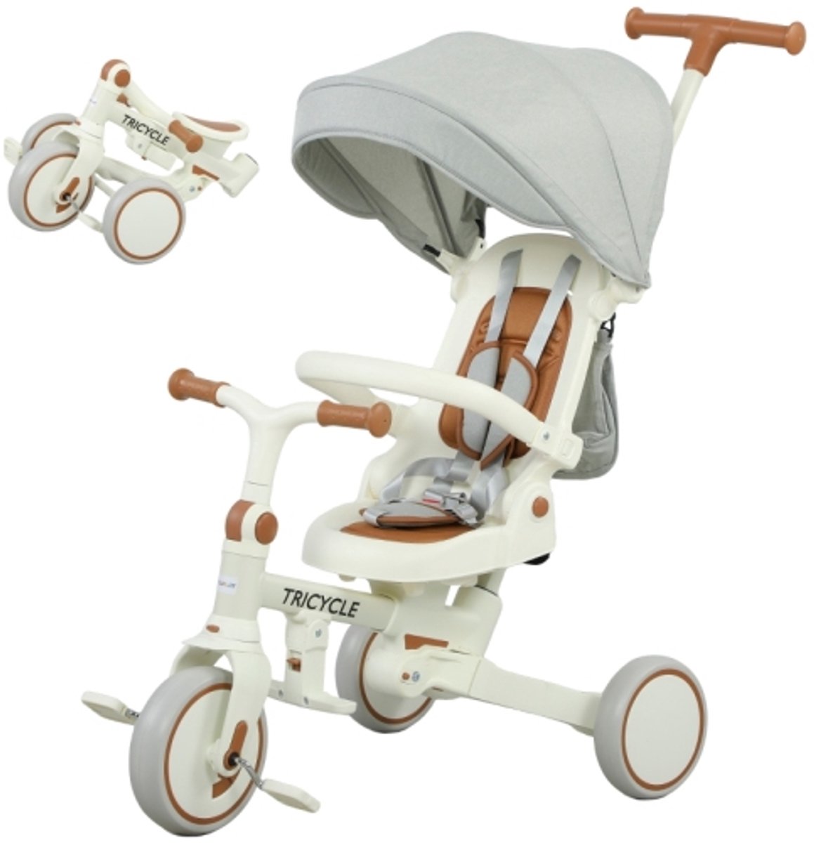 Kinderdriewieler 96.5 x 49 x 101cm meeloop-babybuggy 5-in-1-ontwerp afneembare duwstang verstelbaar veiligheidsgordel opbergtas 1-3 jaar gebroken wit De zitting ondersteunt verstelbare kantelhoeken kinderwagen
