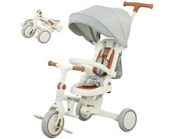 Kinderdriewieler 96.5 x 49 x 101cm meeloop-babybuggy 5-in-1-ontwerp afneembare duwstang verstelbaar veiligheidsgordel opbergtas 1-3 jaar gebroken wit De zitting ondersteunt verstelbare kantelhoeken kinderwagen