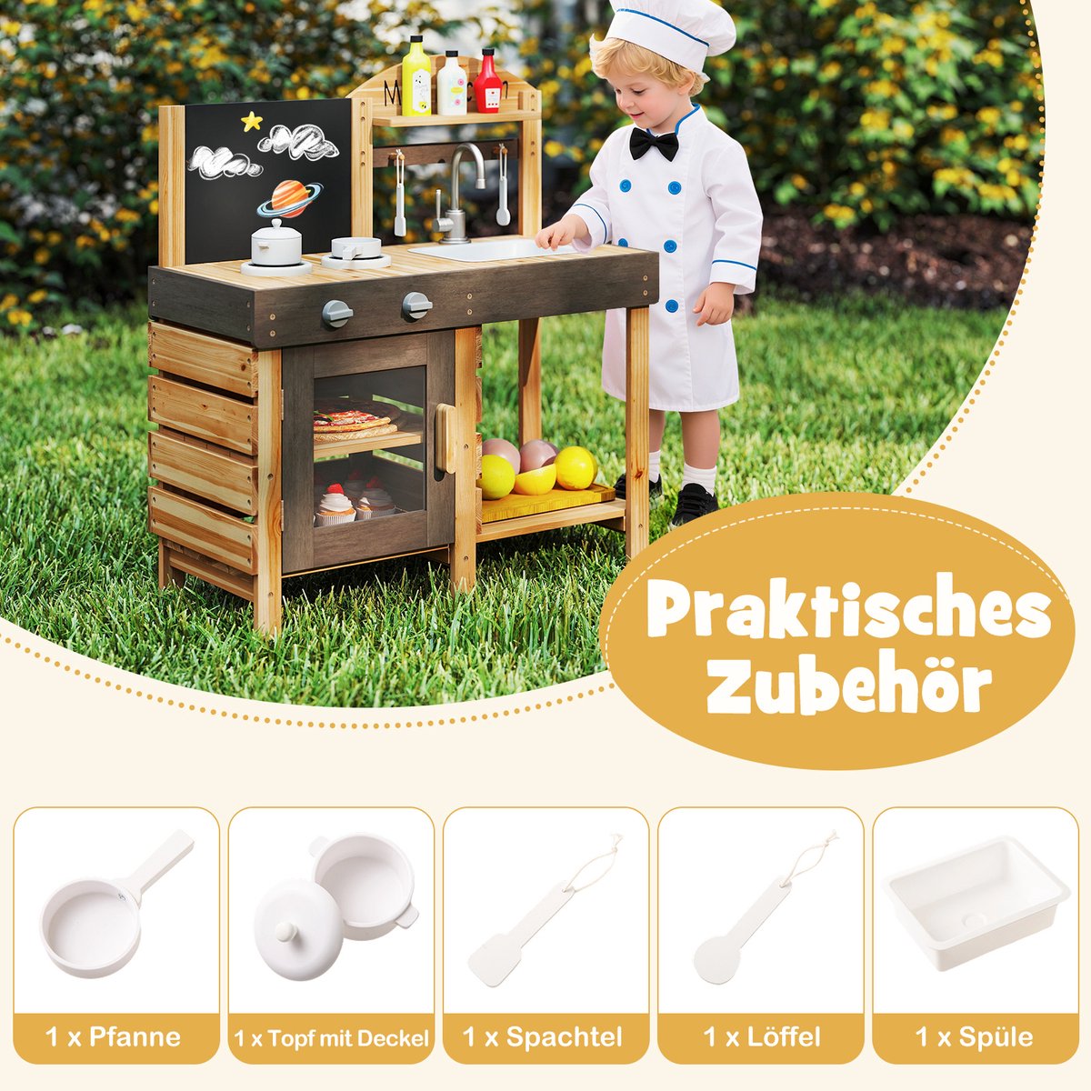 COSTWAY Modderkeuken voor kinderen, outdoor, kinderkeuken, hout met tafel, fornuizen en gootsteen, speelkeuken met kraan en oven, outdoorkeuken incl. accessoires voor kinderen vanaf 3 jaar — afbeelding 6