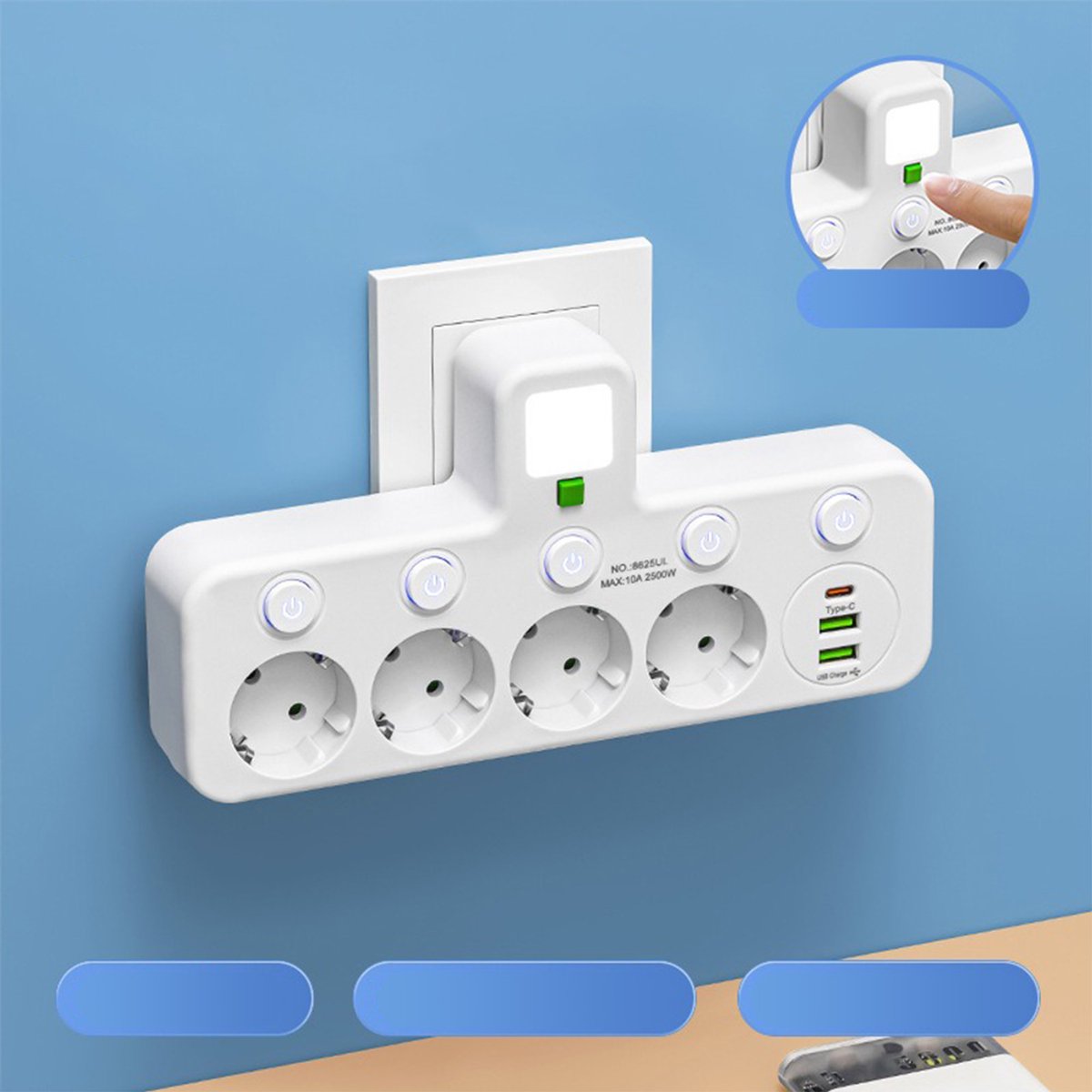 2500 W Stekkerdoos - EU-Stekkeraansluiting met 4 Stopcontacten - 2 USB en 1 USB C, Nachtlampje