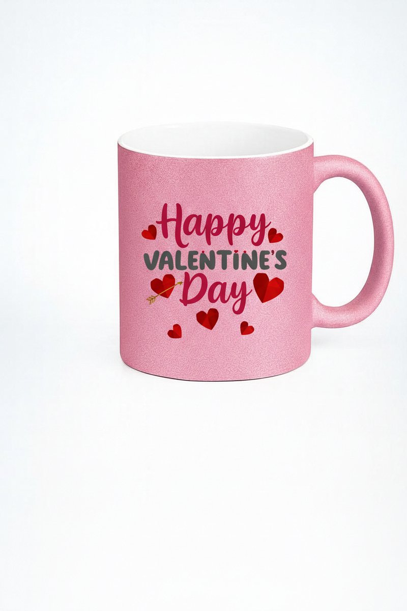 Roze Glitter Mok 'Happy Valentine's Day' met Harten - Perfect Valentijnsdag Cadeau