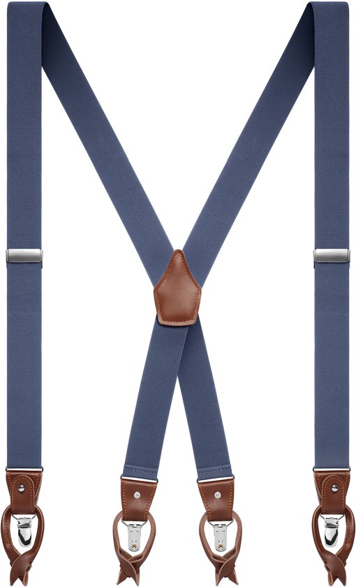 Donkerblauwe X-vormige bretels met bruine leren accenten en clips