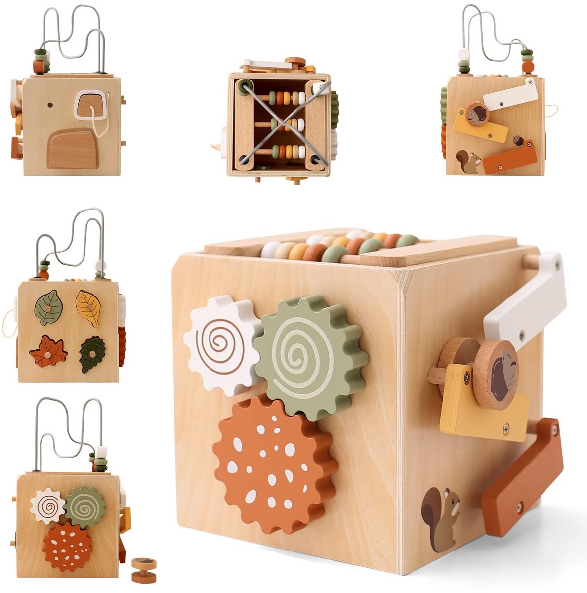 Montessori speelgoed - Motorische vaardigheden kubus - Houten Montessori speelgoed 6-in-1 - Houten activiteitenkubus met kleuraccenten - Educatieve activiteitenkubussen - Oceaan design