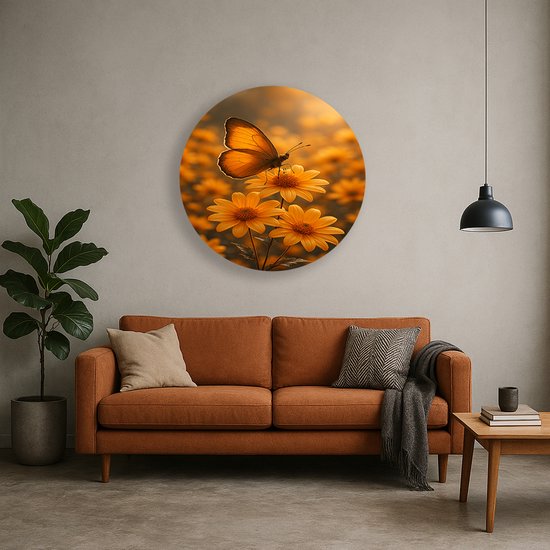 Een oranje vlinder zit op drie oranje margrieten met een zachte oranje achtergrond, opgehangen boven een bruine bank.