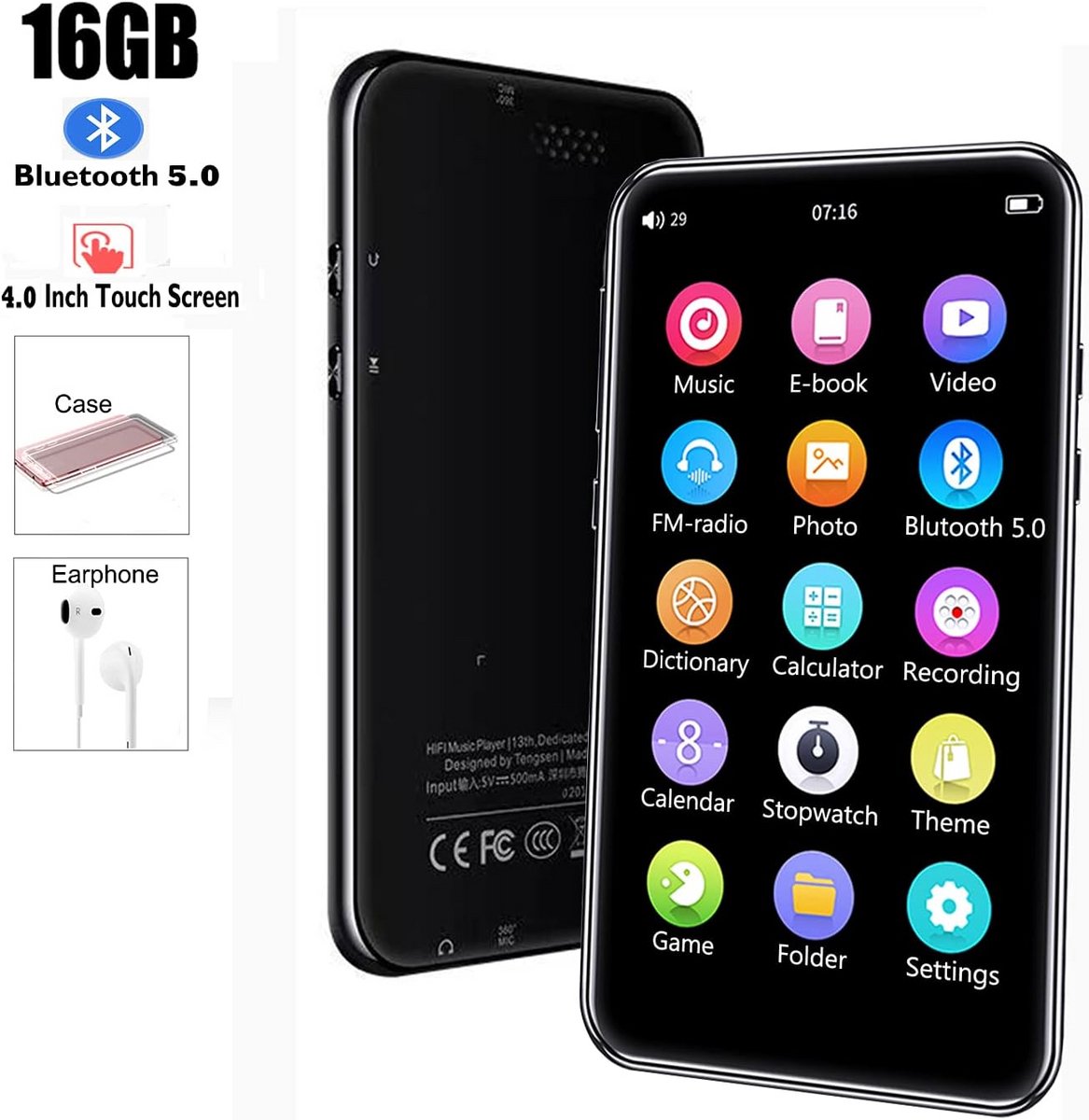Draagbare MP3 Speler met Bluetooth 4.1, 16GB, Touchscreen en FM Radio