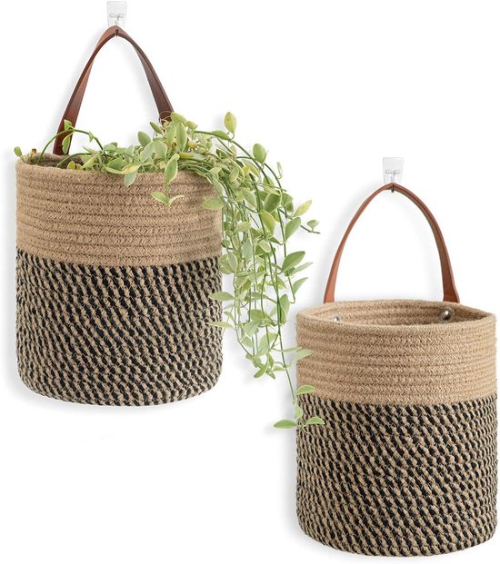 Hangmanden - 2 Stuks - Wandorganizer - Hangende Fruitmand - Hangmandjes - Hangende geweven wandmand - Hangende plantenmand - Geweven Katoenen Touw Plantenmanden - Opbergmand voor thuis - PU Handgrepen - 16*18cm