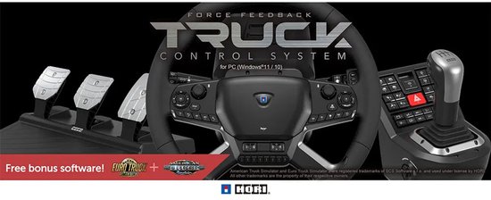 Zwarte Hori Force Feedback Truck Control System met pedalen en versnellingspook. "Free bonus software! Euro Truck +."