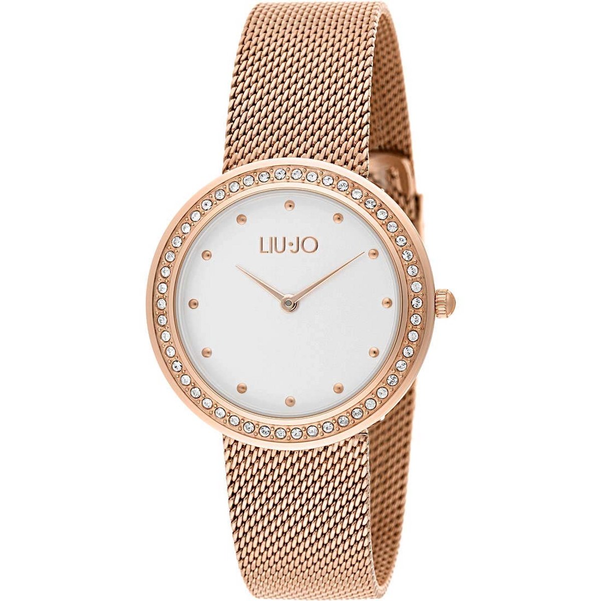 Luxe Dameshorloge Rond met Kristallen en Roségoudkleurige Stalen Band