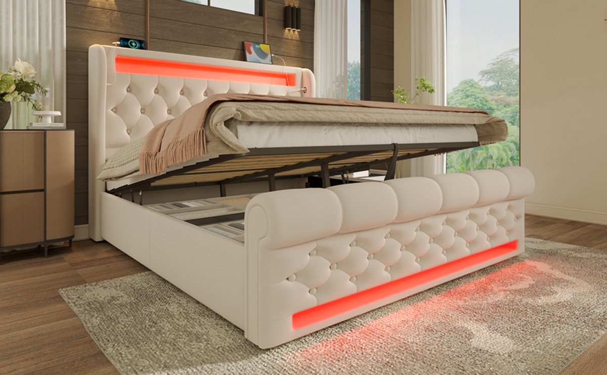 REDOM opbergbed 160x200 cm – Fluweel, LED, USB/Type-C, hydraulisch – Beige