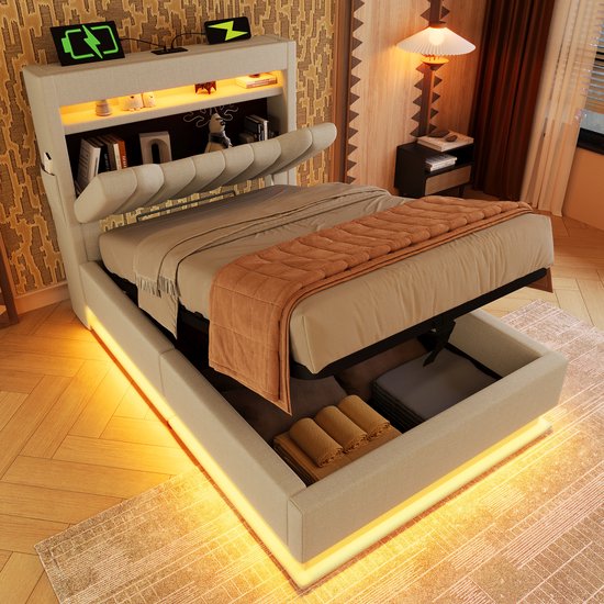 Lit de rangement REDOM 90x200x112 cm en lin, éclairage LED et tête de lit avec USB/Type-C
