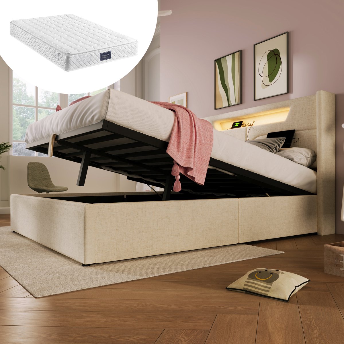 REDOM Opbergbed 160x200 cm – Linnen – Hydraulisch – LED & USB/Type-C – Incl. matras – Beige – 300 kg