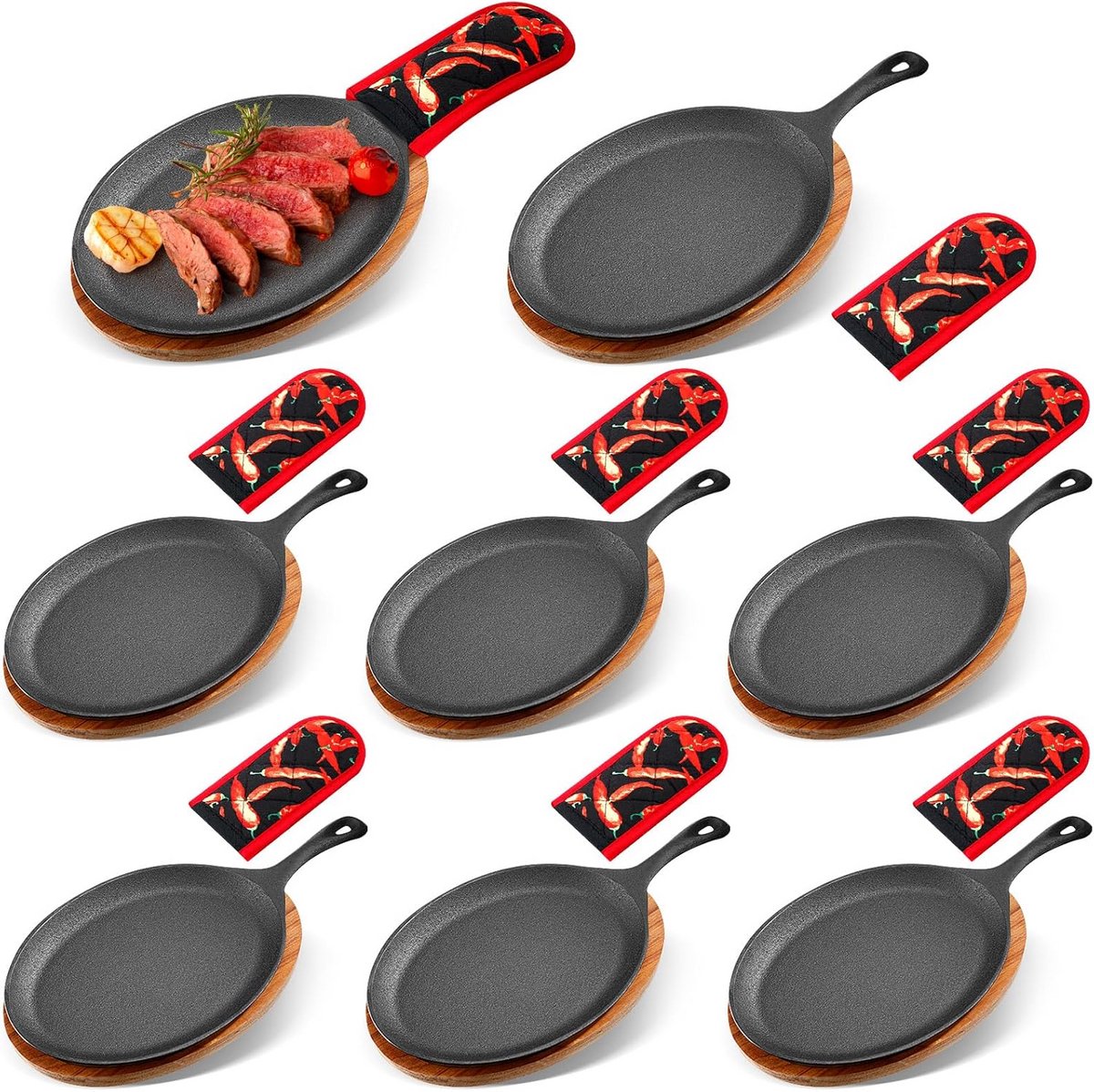 8-delige Gietijzeren Fajita Set met Houten Dienblad en Hittebestendige Handschoenen