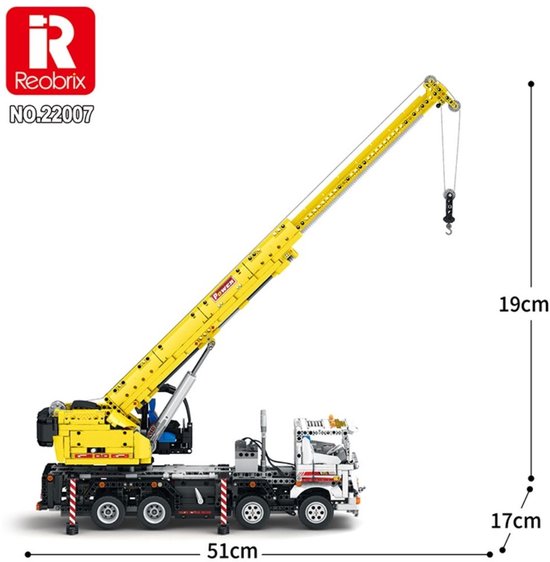 Een gedetailleerde gele en witte mobiele kraan met afmetingen aangegeven: 51cm lengte, 19cm hoogte kraanarm, 17cm hoogte chassis.