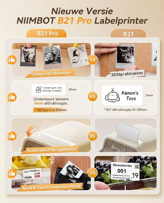 Vergelijking van Niimbot B21 Pro en B21 labelprinters, met voorbeelden van afdrukken en functies.