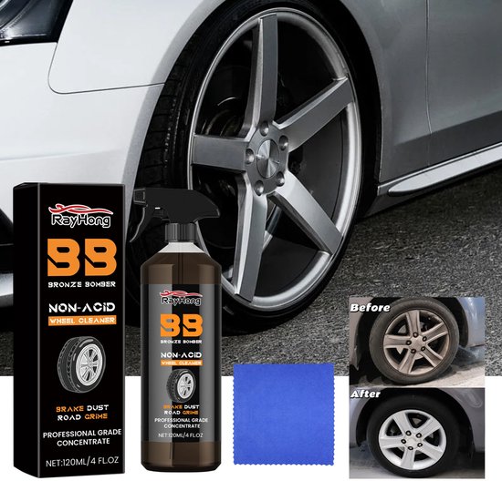 Velgen en banden reiniger spray 120ml met coating, verwijdert remstof, geeft glans en bescherming, incl. microvezeldoek