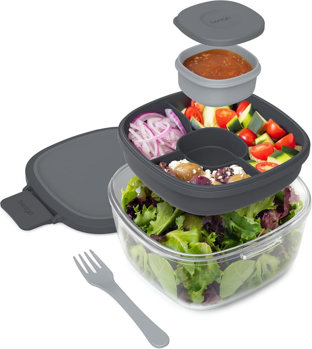 Grote Saladecontainer Glas 1.9L met Vakjes, Lekvrije Deksel en Bestek
