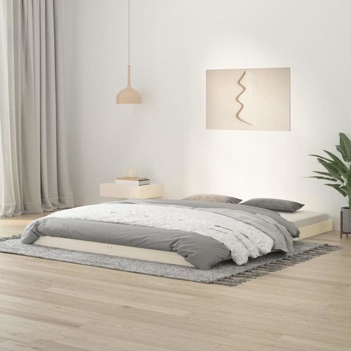 Modern Minimalistisch Queensize Bedframe – Platformbed – Houten Bed – Bedframe Zonder Matras – Bedmet Slats – Stevig Hardhouten Materiaal – Eenvoudige Montage – 150x200 cm Bianco