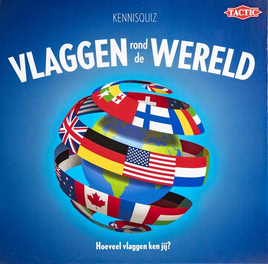 Globus omwikkeld met diverse landenvlaggen, "Vlaggen rond de Wereld Kennisquiz" en "Hoeveel vlaggen ken jij?".