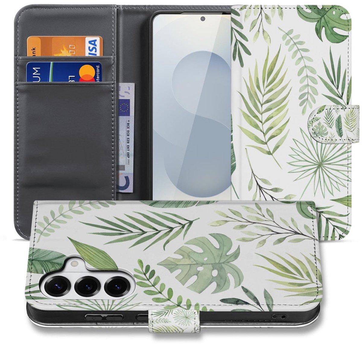Samsung Galaxy S26 Book Case Bladeren Lichtgroen Wit