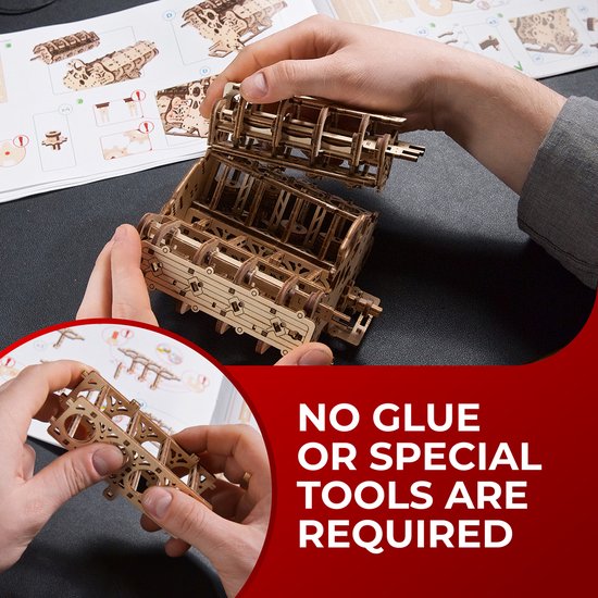 Bouw van een houten V8-motor model, waarbij de onderdelen met de hand worden geassembleerd. Tekst: NO GLUE OR SPECIAL TOOLS ARE REQUIRED.