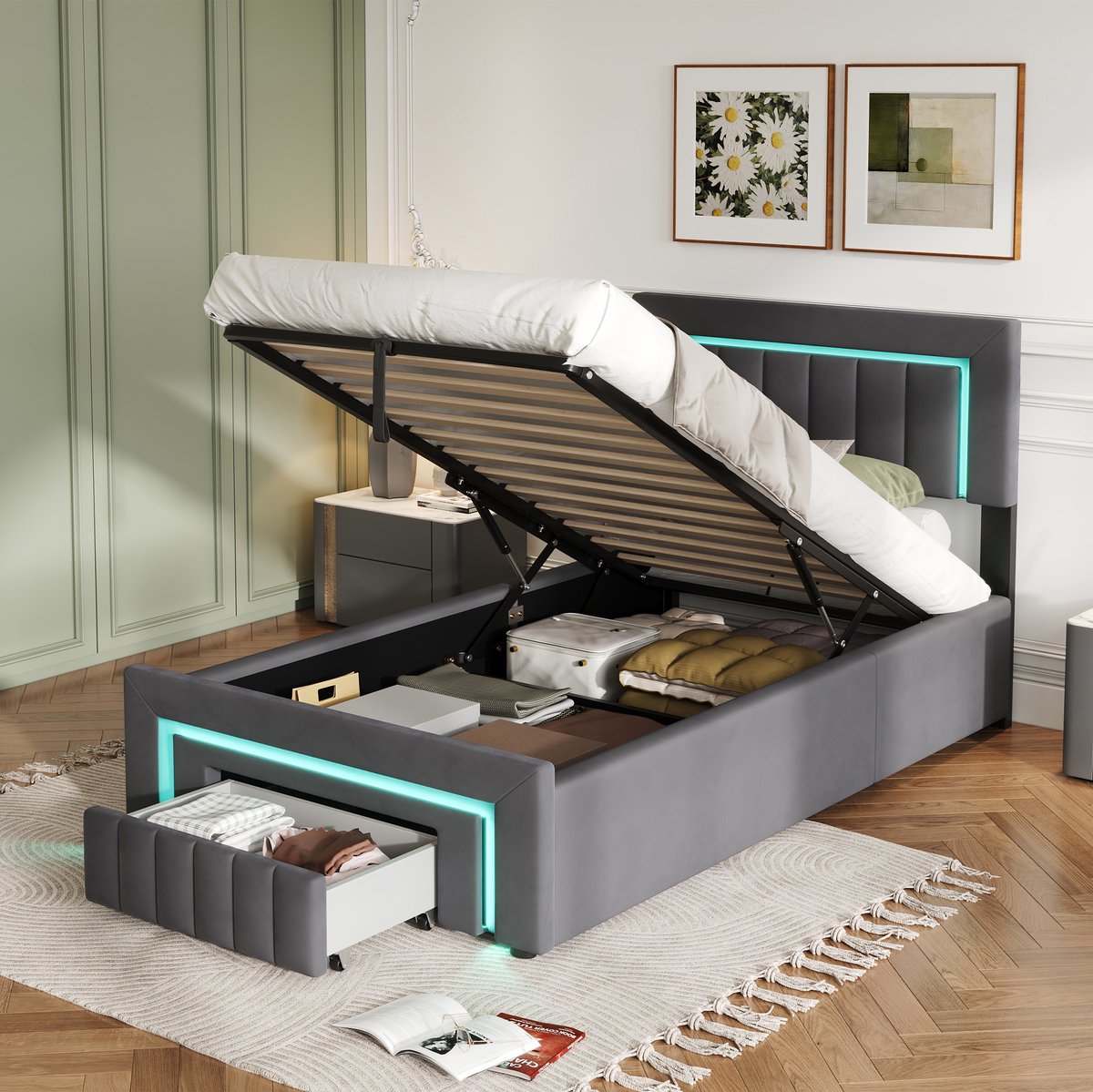 STILVORA Fluwelen Bed 90x200 Cm - Met Opbergruimte En Laden, LED Verlichting - Donkergrijs
