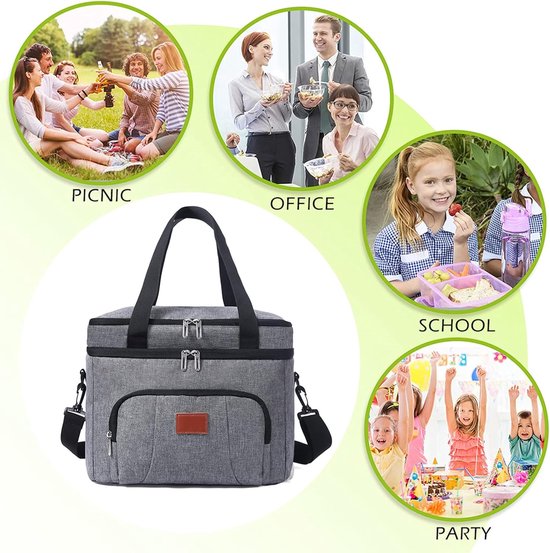 Grote geïsoleerde koeltas 20 liter - herbruikbaar lunchbox met lekvrije binnenkant - geschikt voor werk, school, picknick en buitenactiviteiten - grijs — afbeelding 2