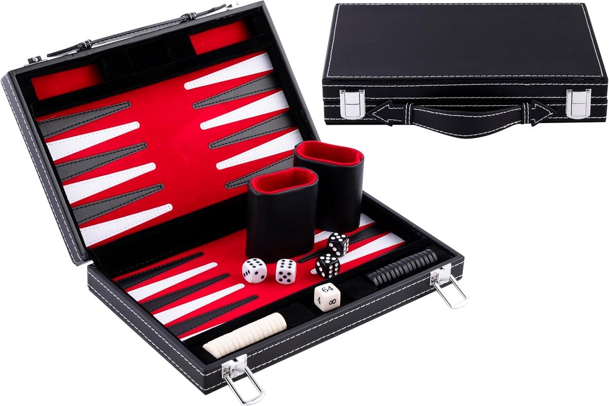 Backgammon Reis spel 28 cm - Kunstleer koffer - Inclusief speelstukken en dobbelstenen - Voor 2 spelers