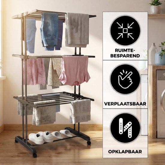 Zwart, drielaags droogrek met kleding en handdoeken. Rechts de iconen: ruimtebesparend, verplaatsbaar, opklapbaar.