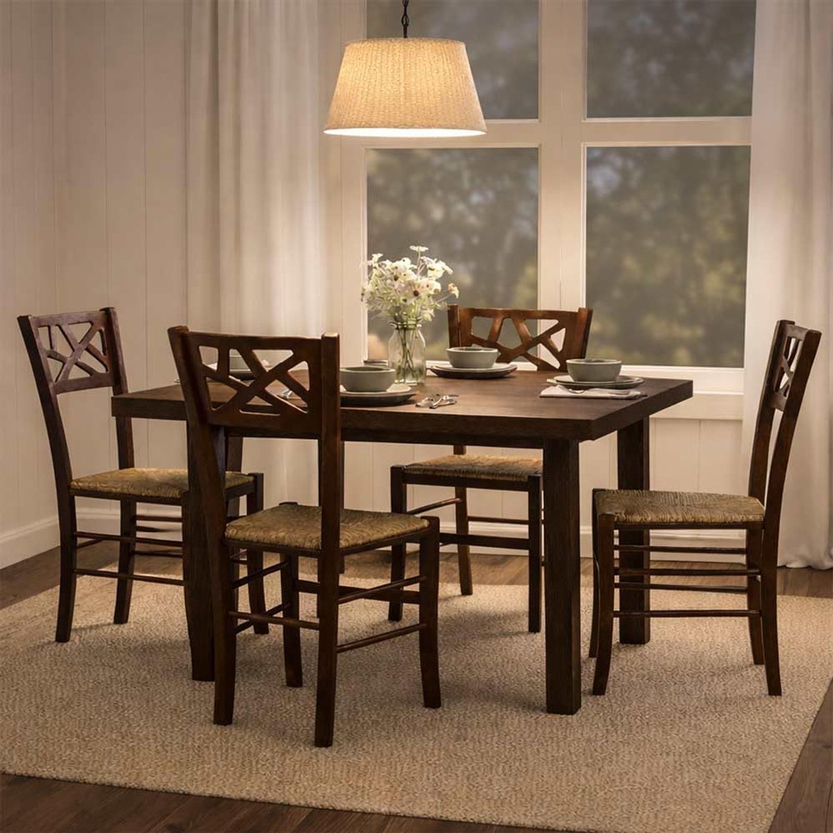 Eetkamerstoelen Set van 2 Massief Houten Stoelen met Stro Zitting – Klassieke Donker Walnoot Keukenstoelen – 42 x 42 x 87 cm – Landelijke & Traditionele Dining Stoelen voor Eetkamer, Keuken, Restaurant & Café – Abkantoor