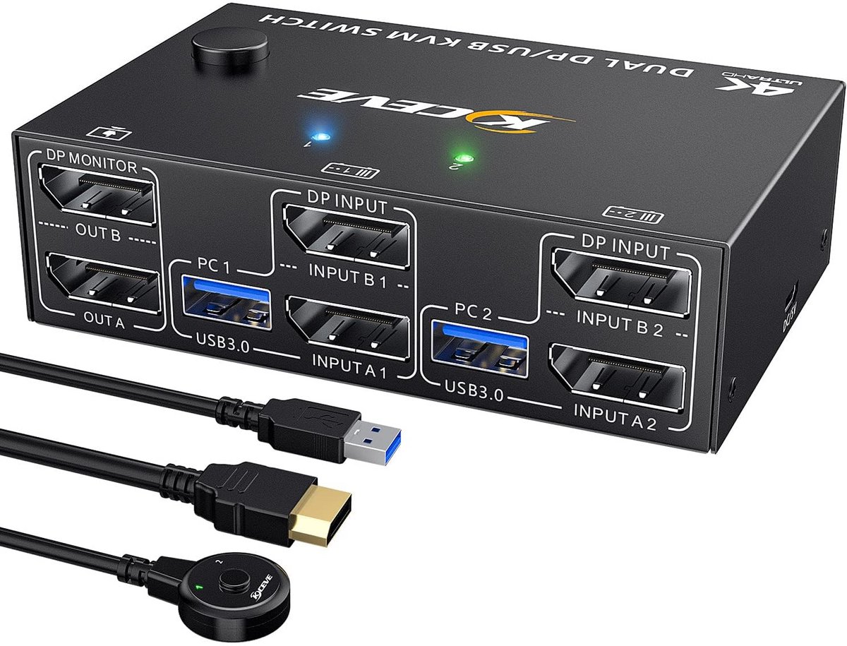 DisplayPort KVM Switch 2 PC 2 Monitoren 8K 4K 144Hz USB 3.0 Switch met Afstandsbediening