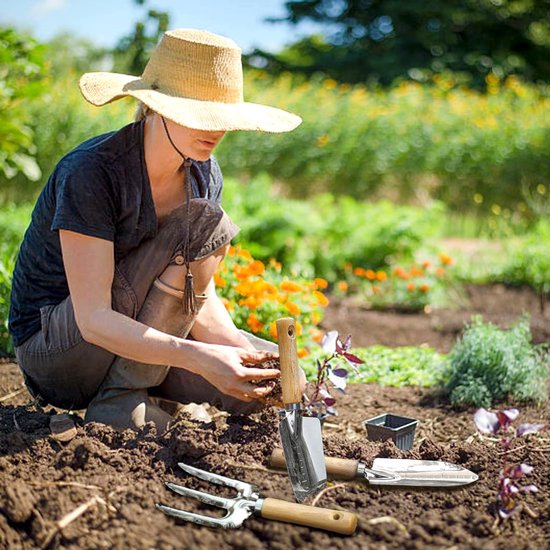 Tuinschep - Tuingereedschap - Tuinschepje - Met Houten Handvat - Aluminium - Handvork - Plantenschep Met Schaalverdeling - Voor Bloembakken - Moestuin - Klein Tuinwerk — afbeelding 2
