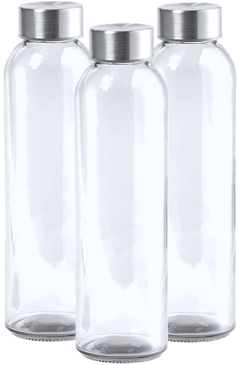 3x Stuks glazen waterfles/drinkfles transparant met Rvs dop 550 ml - Sportfles - Bidon