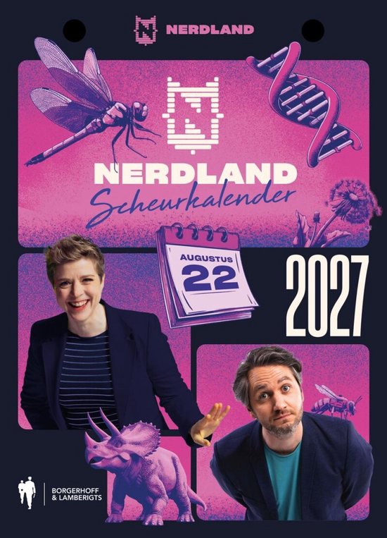 Calendrier à déchirer Nerdland 2027 avec illustrations d'une libellule, ADN, dino, abeille et personnes.