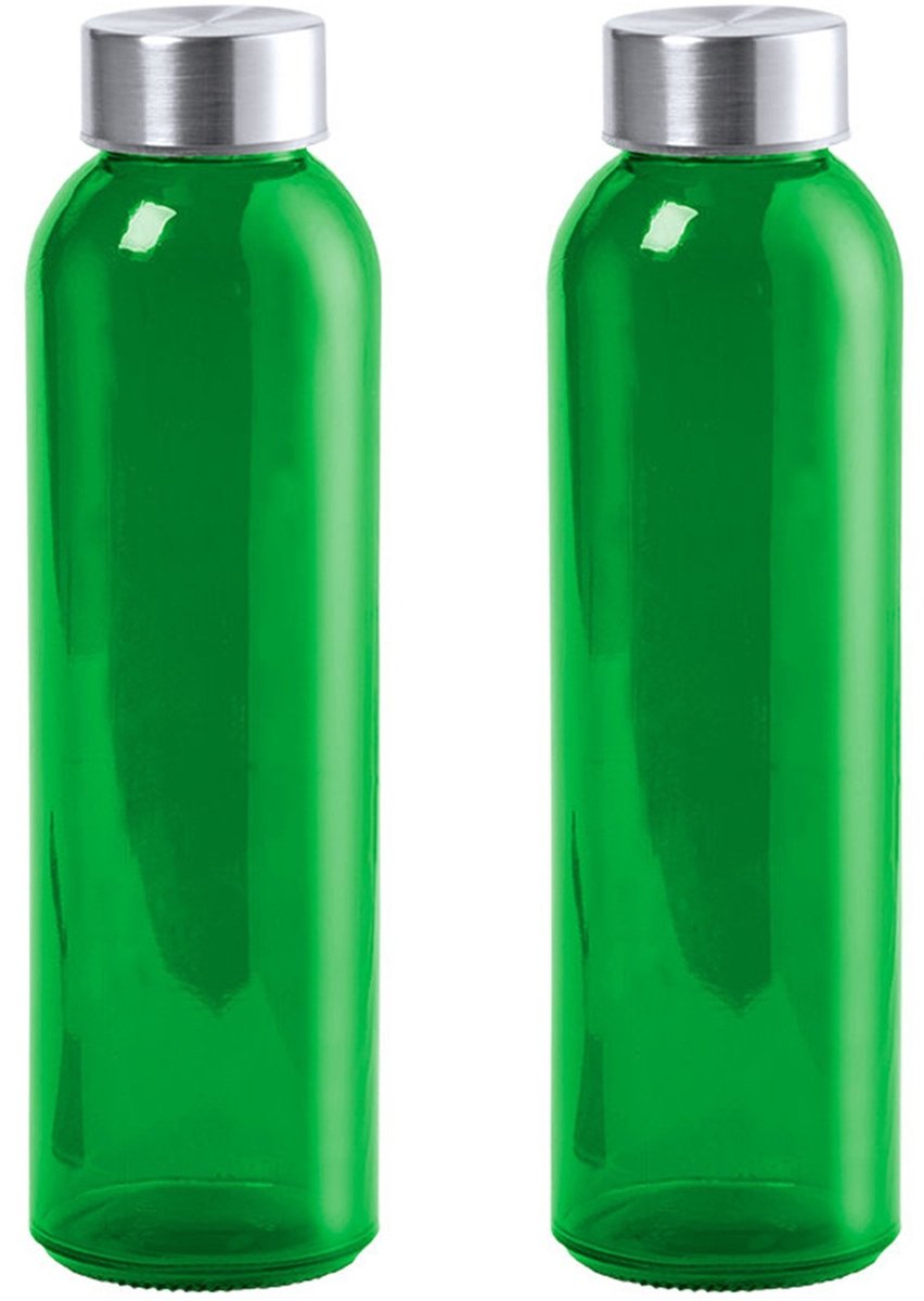 Glazen waterfles/drinkfles/sportfles - 2x - groen transparant - met RVS dop - 500 ml