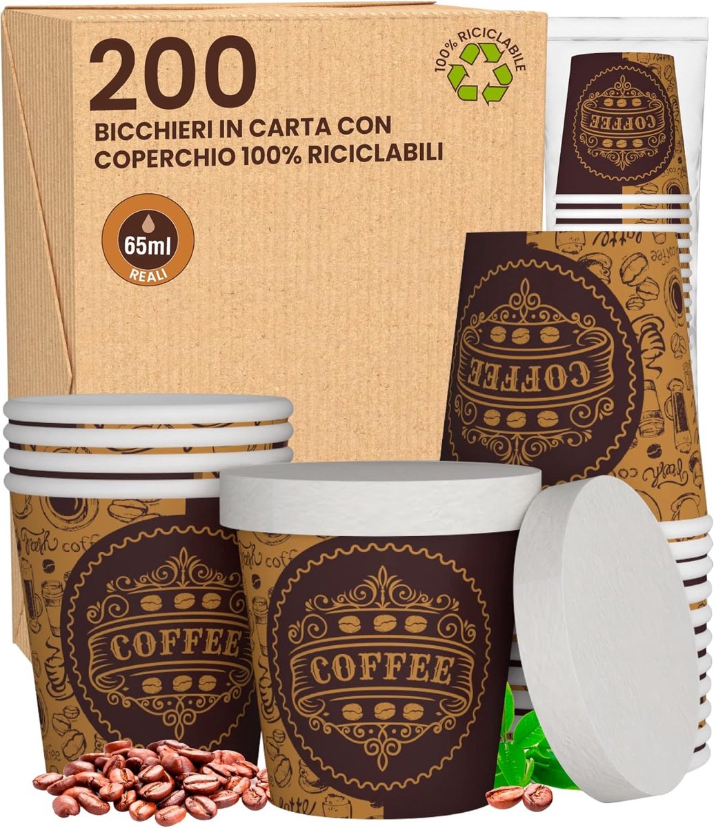 200 Biologisch Afbreekbare Papieren Koffiebekers met Deksel 65 ml