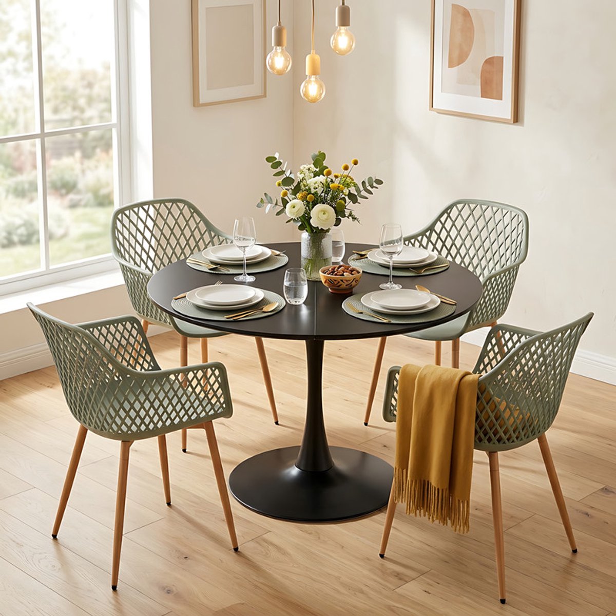 EGGREE eettafel en stoelen set - tafel met een diameter van 100 cm en 4 grijsachtig groen stoelen - geschikt voor bar - kookeiland - café en eetkamer. Zwart-R4GG