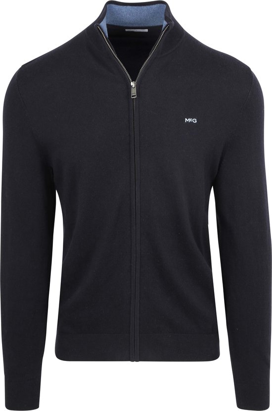 Donkerblauw gebreid vest met rits, MCG logo en lichtblauwe voering.