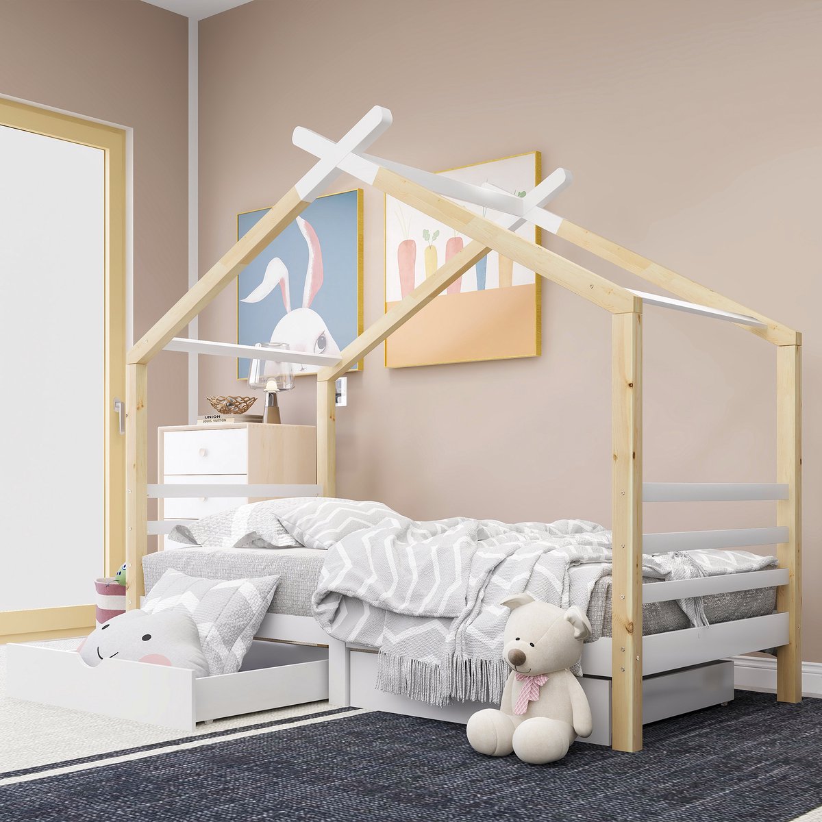 MODFU Ledikant 90x200 cm – Huisbed met laden – Massief hout en MDF – Wit – Kindvriendelijk