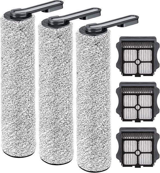Drie zachte grijze rollen met zwarte koppen en drie zwarte filters met witte gaasjes.