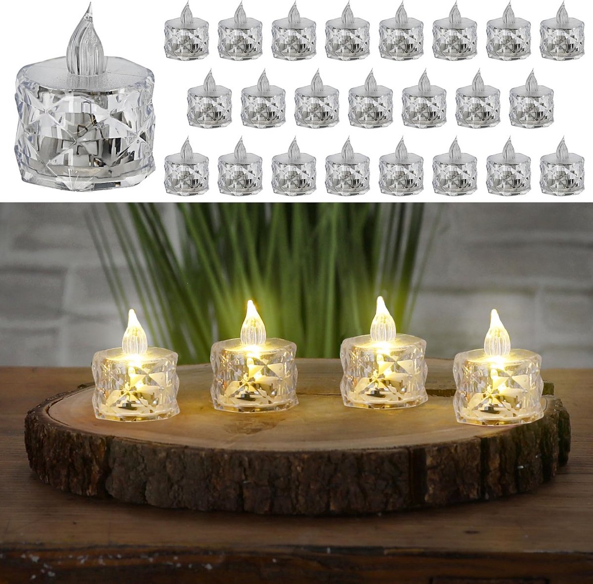 Set van 24 LED Theelichten in Kristaluitvoering met Warmwit Licht