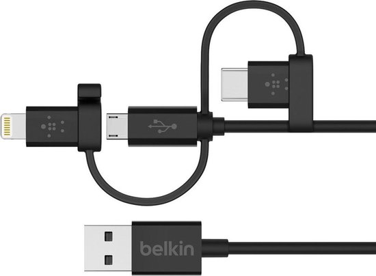 blad Hymne cent Belkin Universele 3-in-1 Kabel (Lightning, Micro USB, USB-C) Zwart 1.2m |  bol.com