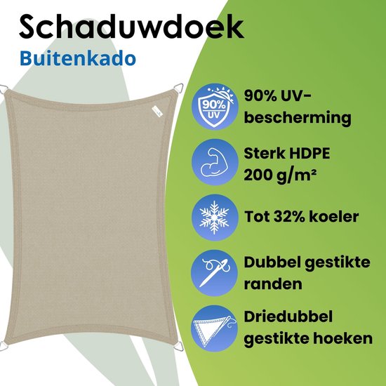 Taupe schaduwdoek met 90% UV-bescherming, sterk HDPE, dubbel gestikte randen.