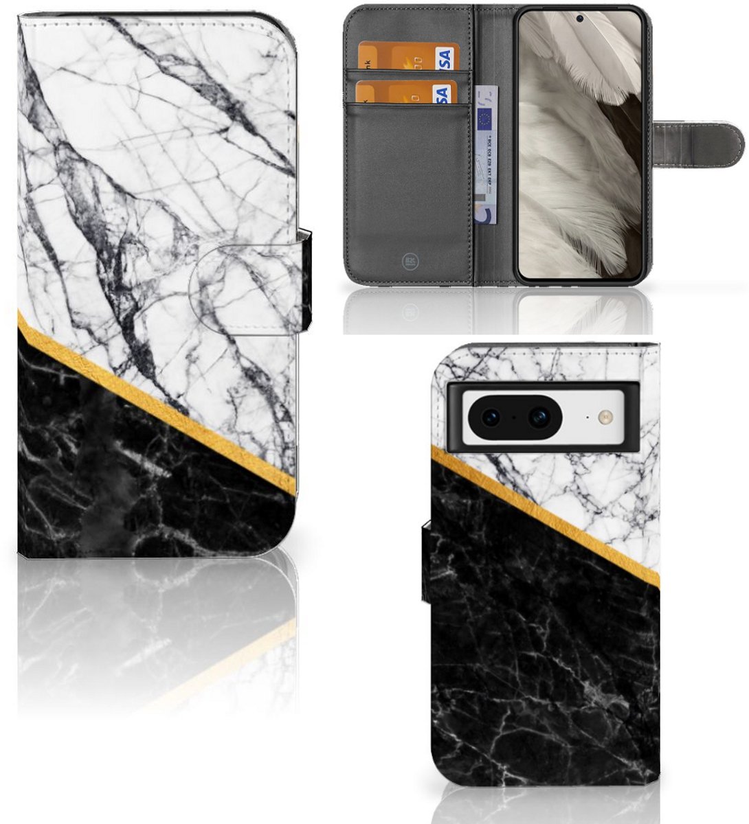 Google Pixel 8 Bookcase Marmer Wit Zwart - Origineel Cadeau Man