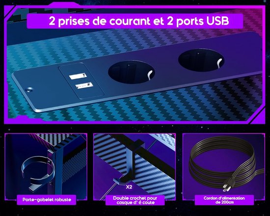Gaming Bureau met LED Verlichting, Stopcontacten en USB Oplaadpoorten - Stevig En Ergonomisch — afbeelding 3