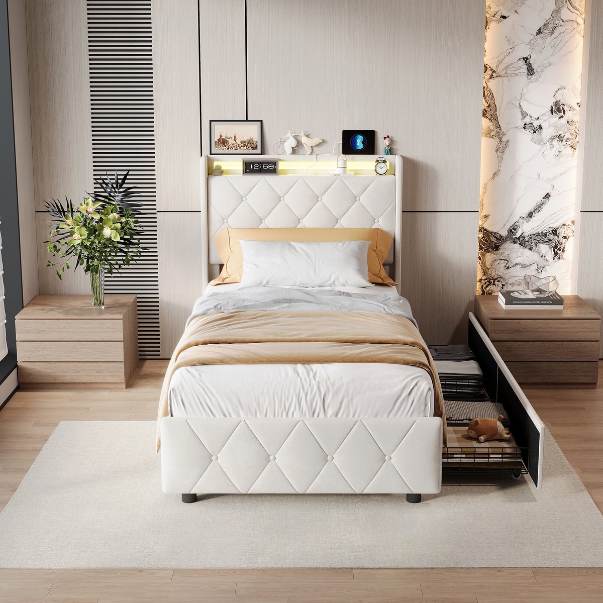 90x200 Gestoffeerd Bed met Lades – Fluwelen Eenpersoonsbed Beige met LED Hoofdbord & USB Oplaadfunctie – Opbergbed met 2 Lades – Bedframe 90x200