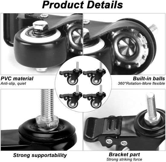 Productdetails van een zwart wiel met rem, met PVC-materiaal, ingebouwde kogellagers en sterke ondersteuning.