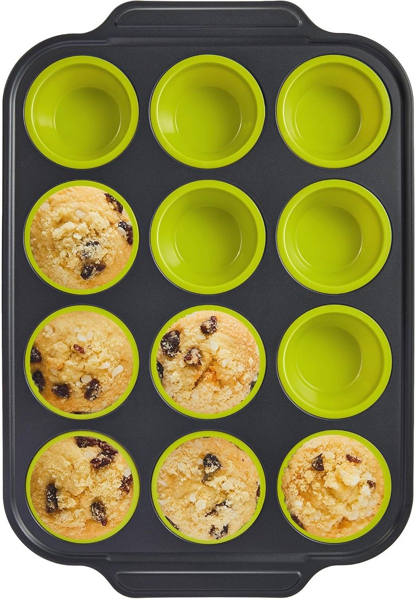 Siliconen Muffinvorm met Metalen Frame 12 Normale Grootte Cupcakevormen Antiaanbaklaag