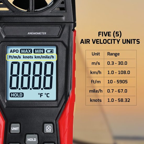 Digitale Windsnelheidsmeter met Achtergrondverlichting en Temperatuurmeting 0,3-30 m/s van Merkloos — afbeelding 2